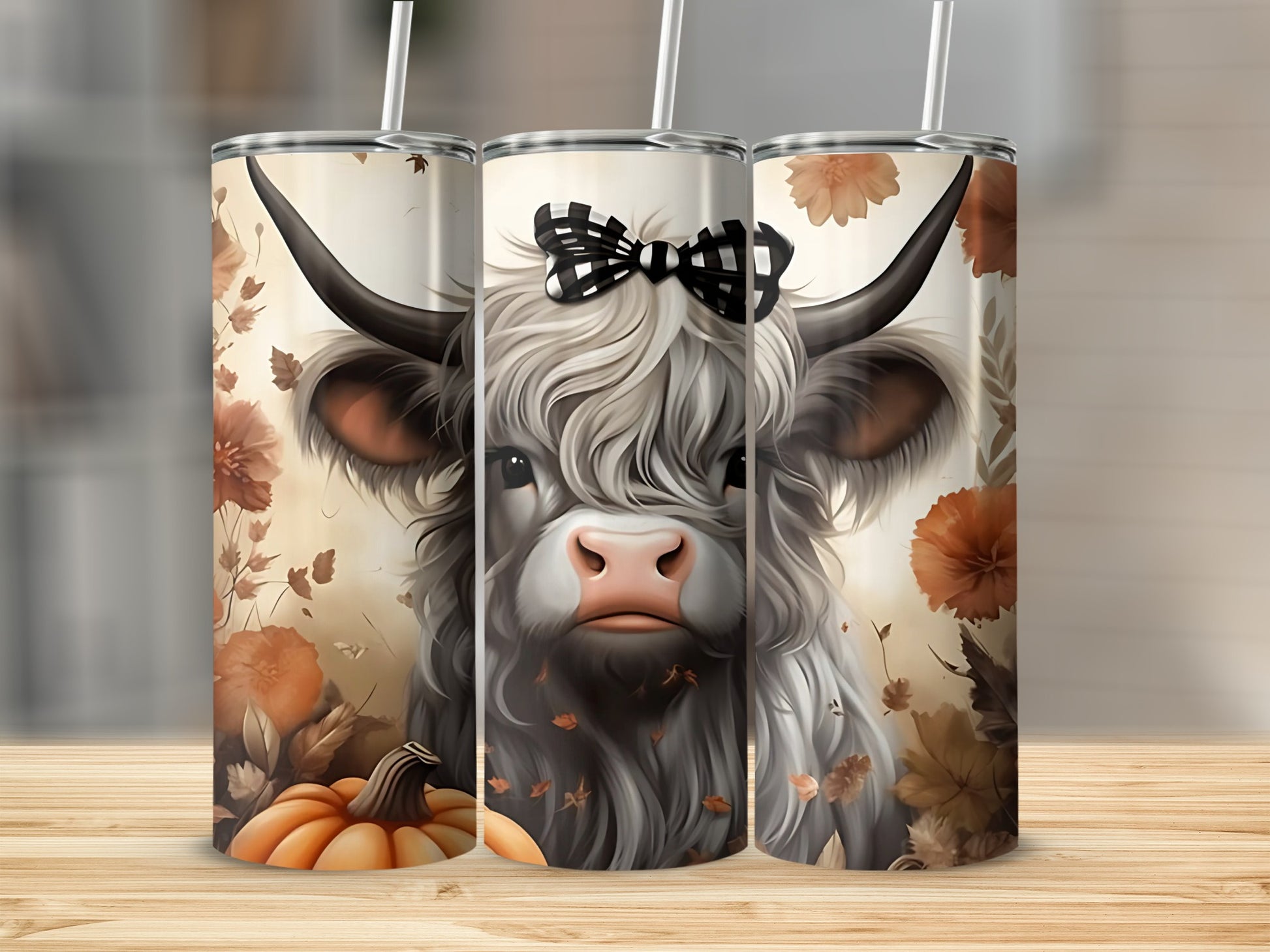 Cute Highland Cow with Floral Design Tumbler Product