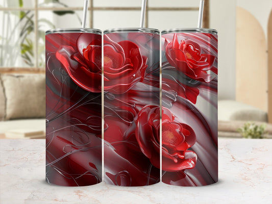 Red floral design on three seamless stainless steel tumblers.