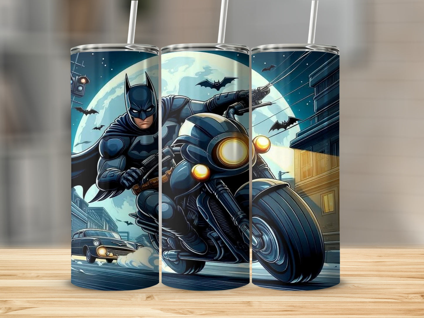 Batman riding a motorcycle at night with bats and city lights.