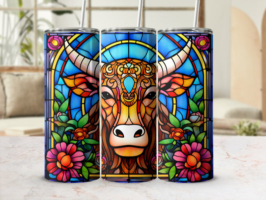Stained glass bull with floral accents on three tumblers.