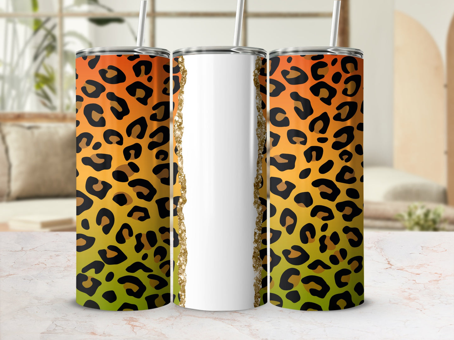 Leopard print tumbler with gold glitter overlay and white space.
