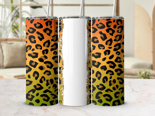Leopard print tumbler with gold glitter overlay and white space.