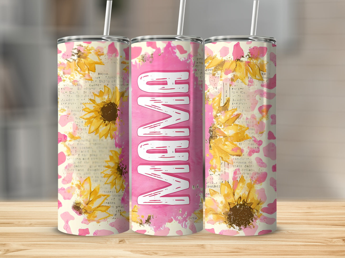 Three tumblers with "MAMA" and sunflowers on a pink and yellow patterned background.