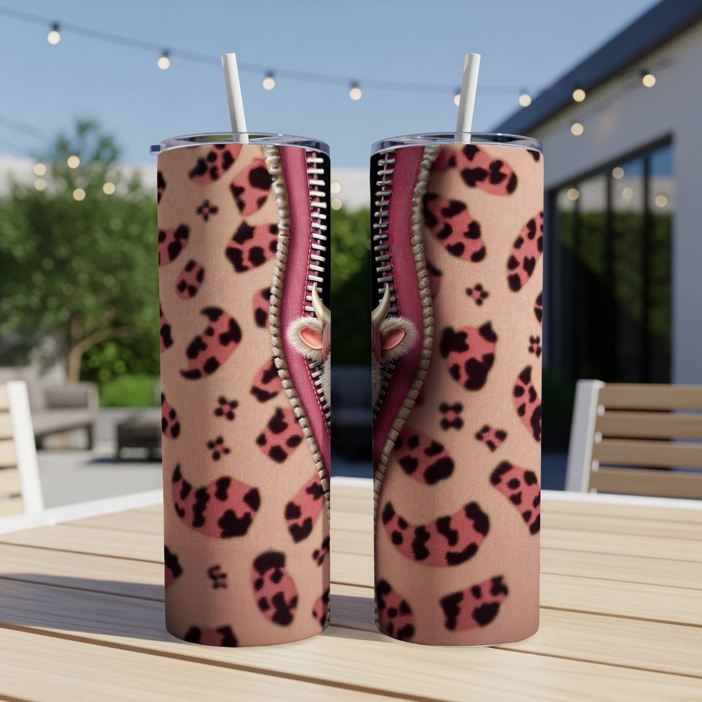 Two tumblers with a pink leopard print pattern and a zipper design.