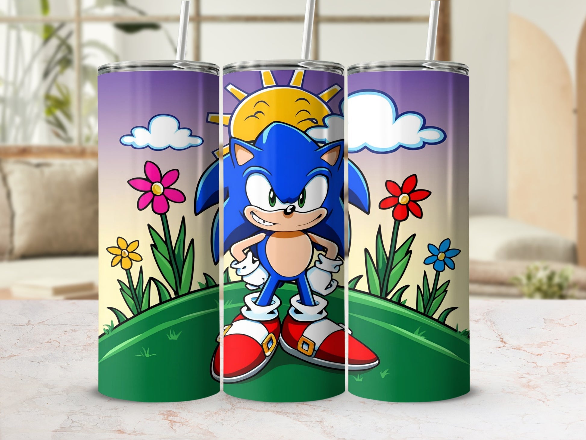 Sonic the Hedgehog smiling on green hill with sun and flowers.