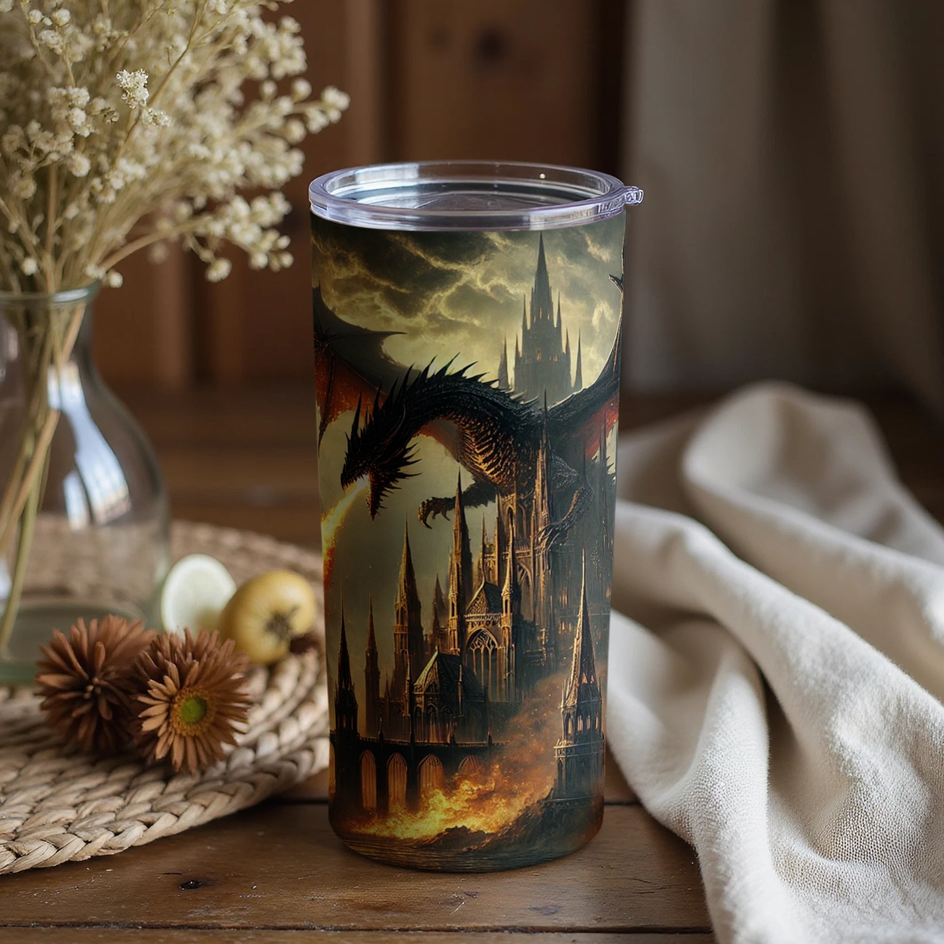 Dark Dragon Castle Fantasy Art on Tumbler Product