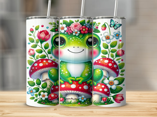 Cute Frog with Floral and Mushroom Artwork Tumbler