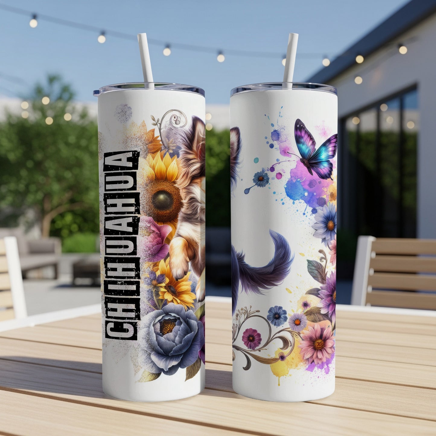 Chihuahua tumbler with floral design and butterfly on left, floral design on right.