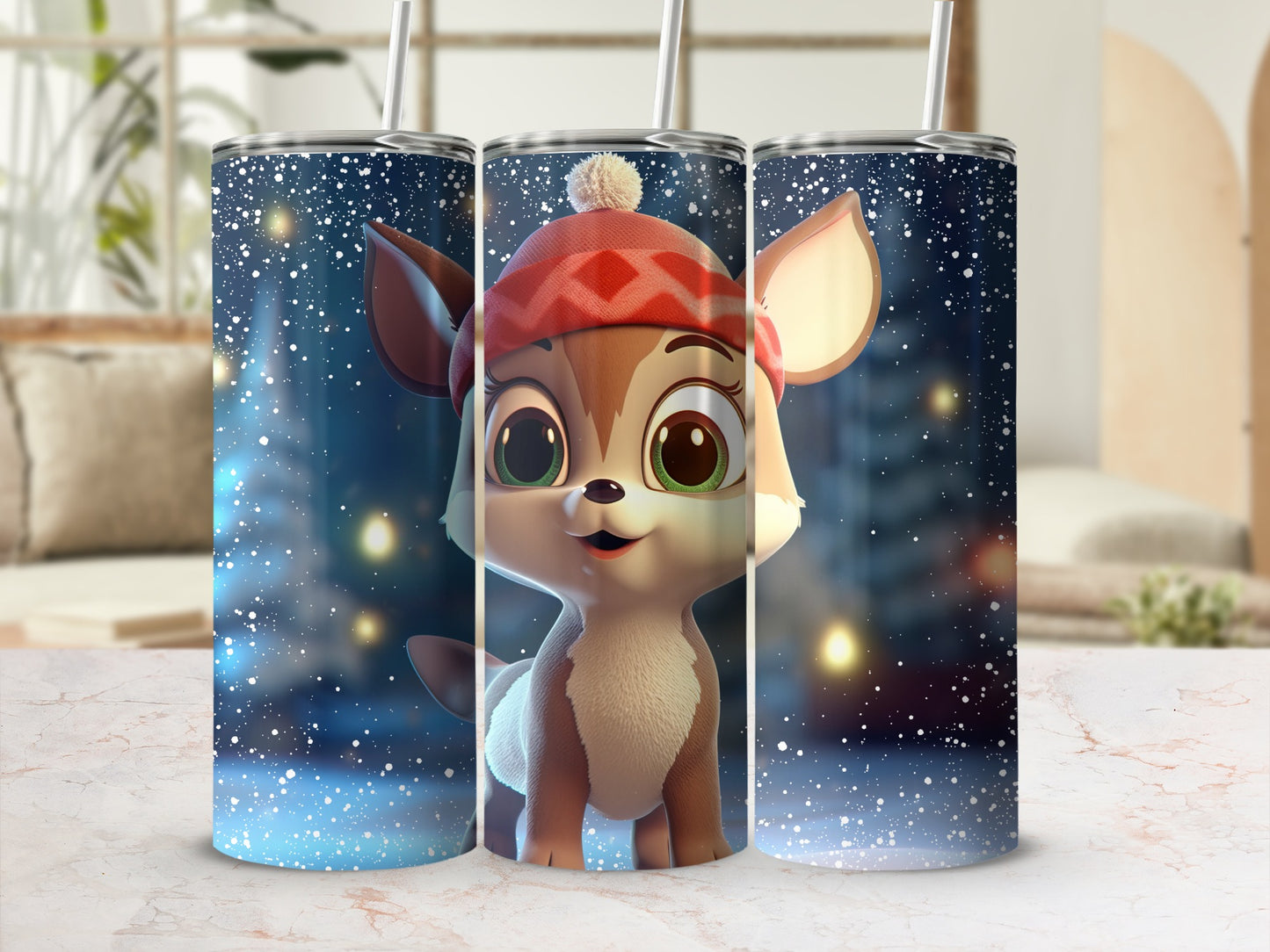 Adorable Deer Character with Winter Hat Tumbler Cup