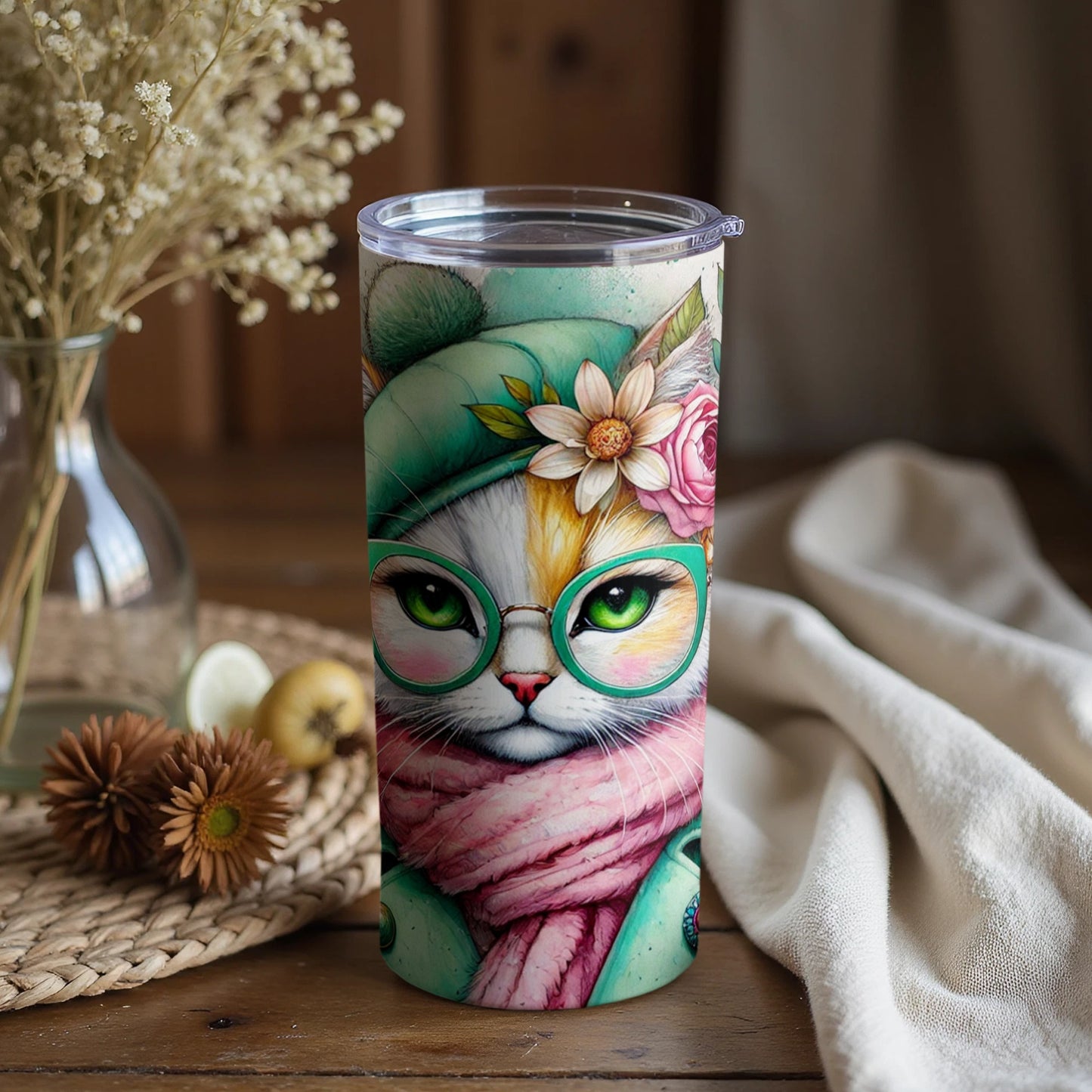Colorful Stylish Cat Artwork on Tumbler Flask