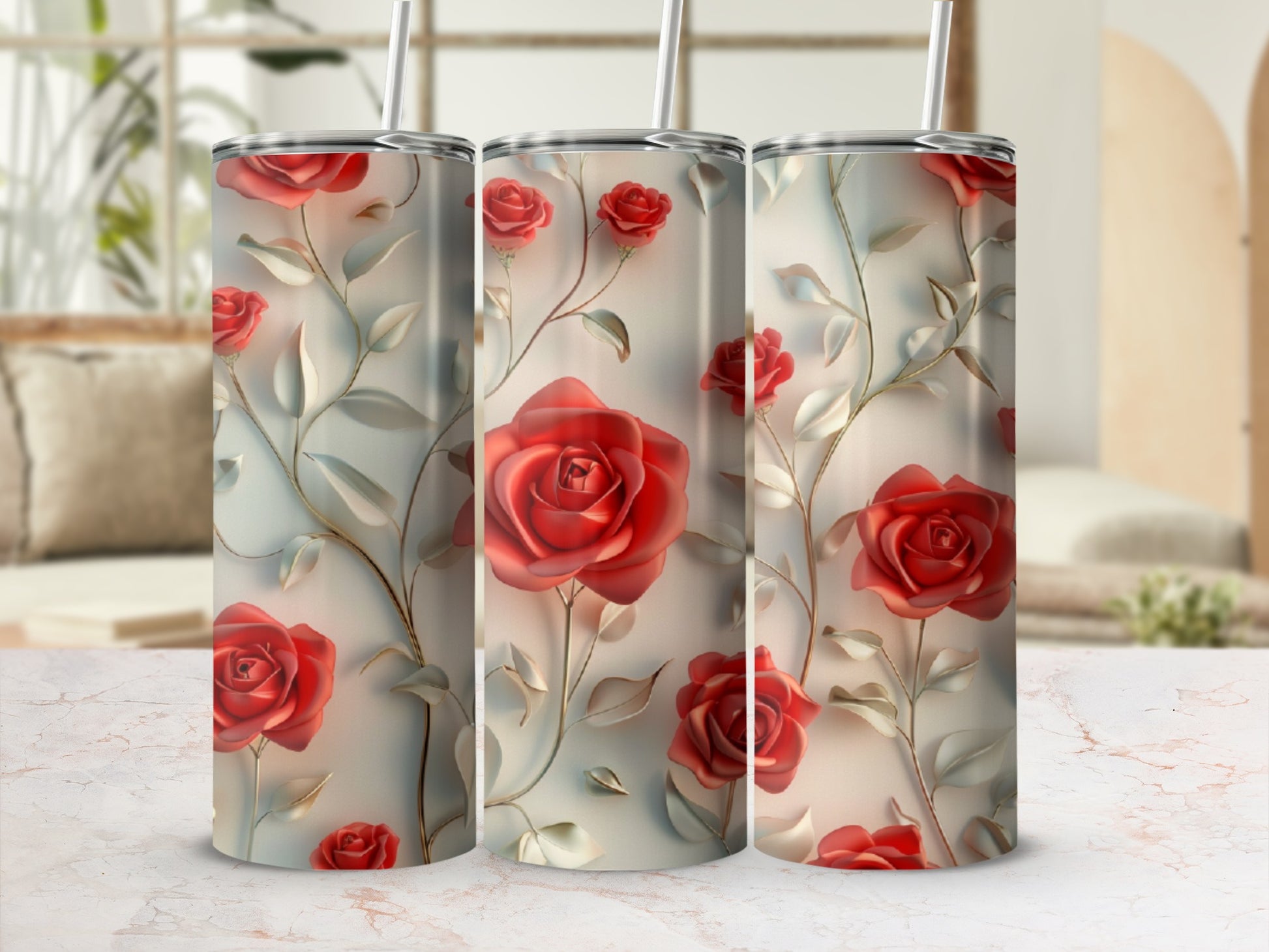 Three tumblers with a realistic red rose and vine design.