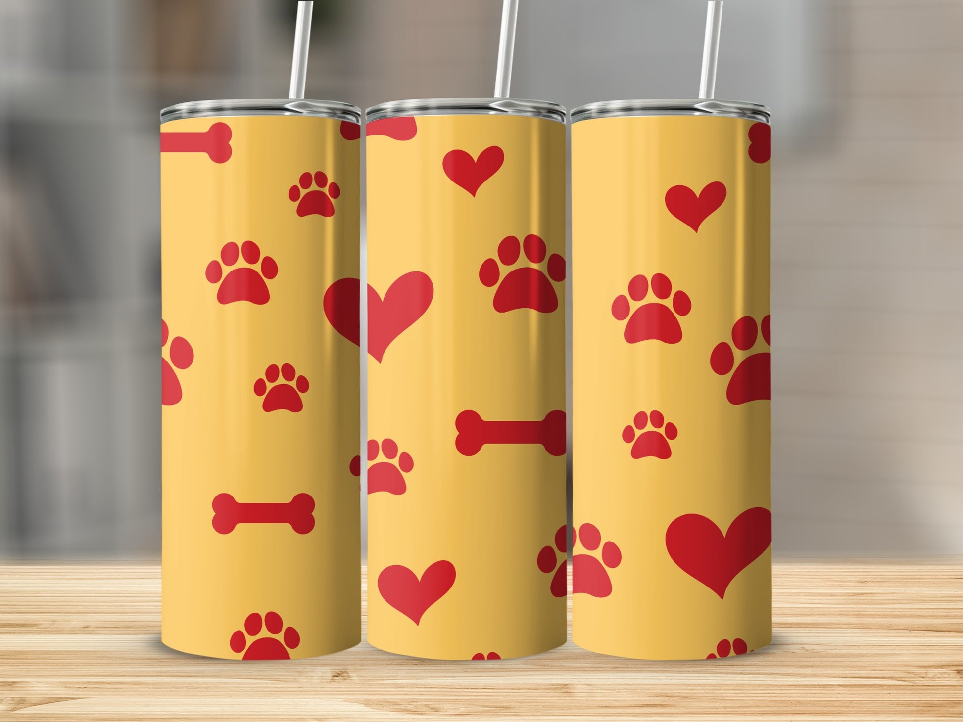 Cute Yellow Tumbler with Red Hearts and Paws Design