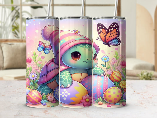 Cute cartoon turtle with Easter eggs and butterflies, wearing a striped hat.