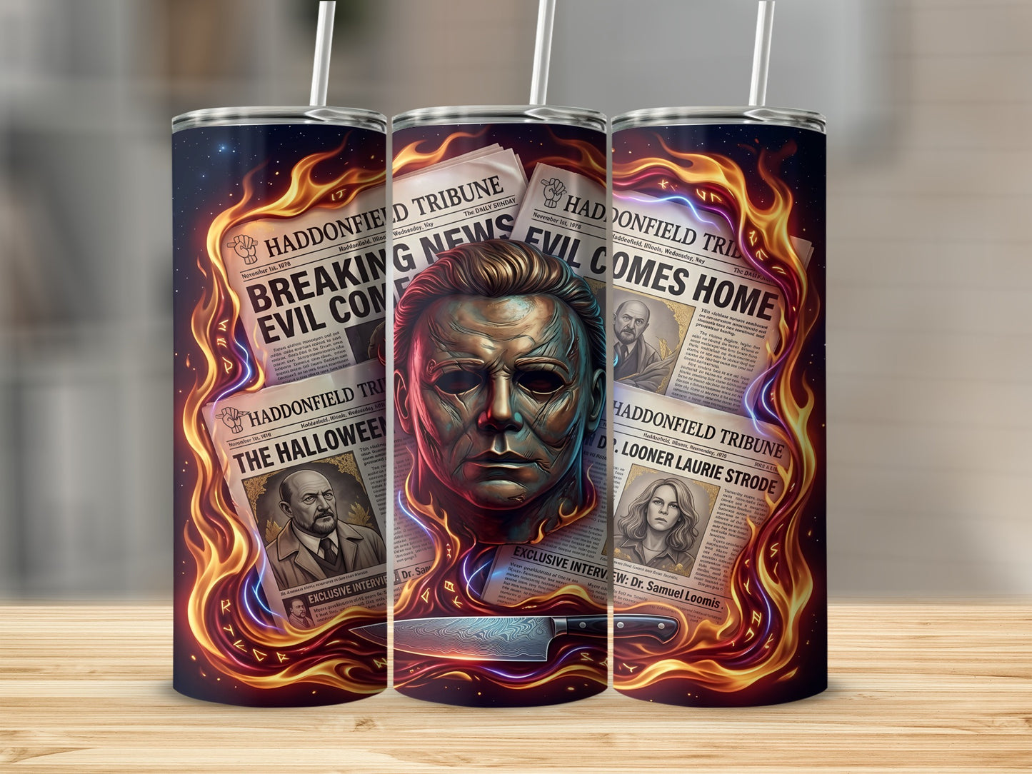 Michael Myers mask on tumblers with Halloween newspaper headlines and flames.