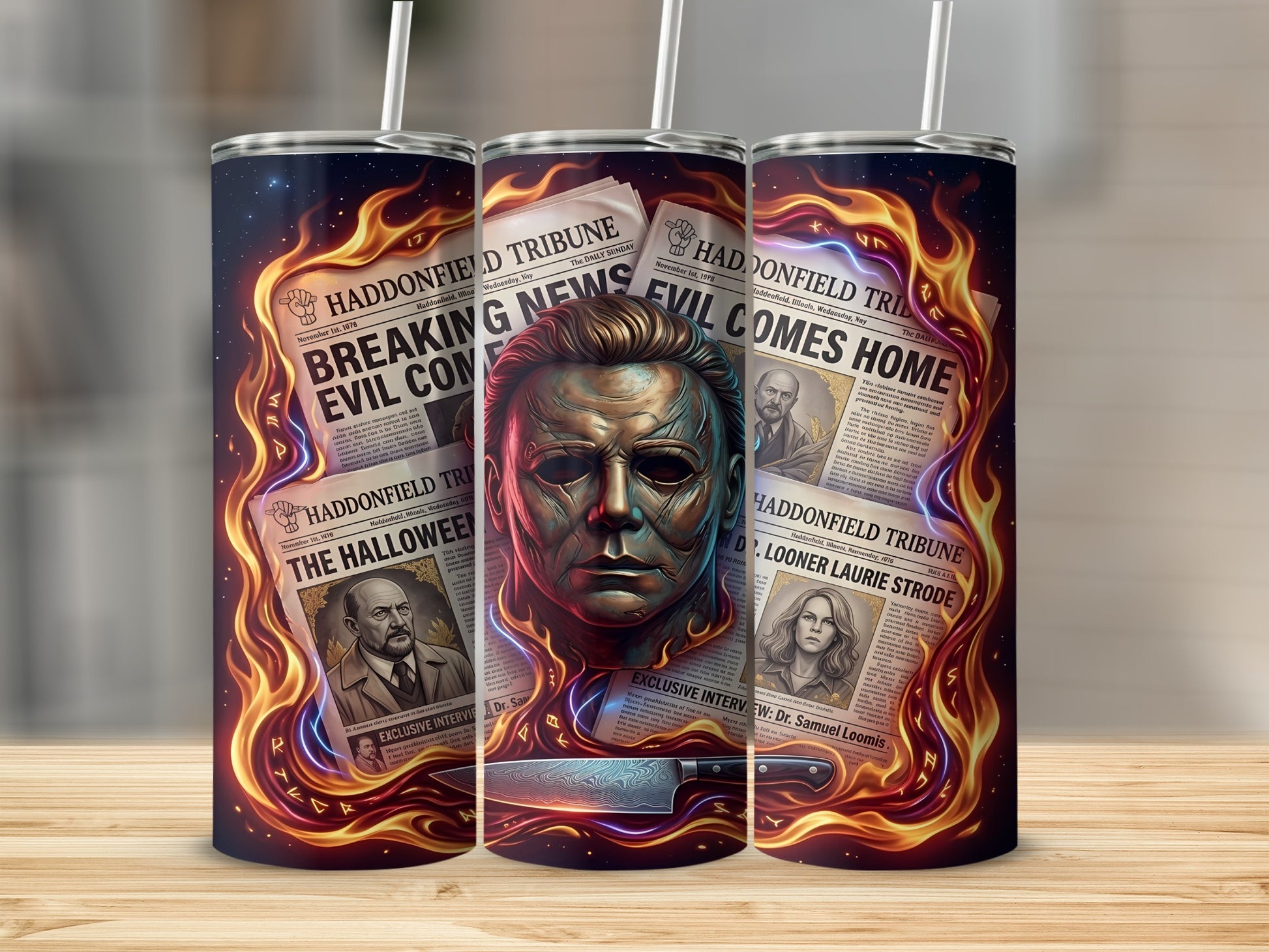 Michael Myers mask on tumblers with Halloween newspaper headlines and flames.