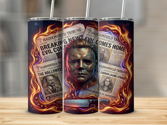 Michael Myers mask on tumblers with Halloween newspaper headlines and flames.