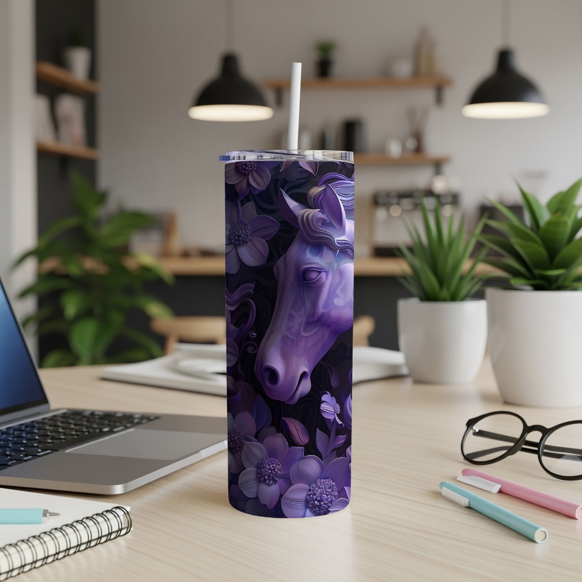 Purple horse head and flowers on a patterned tumbler.