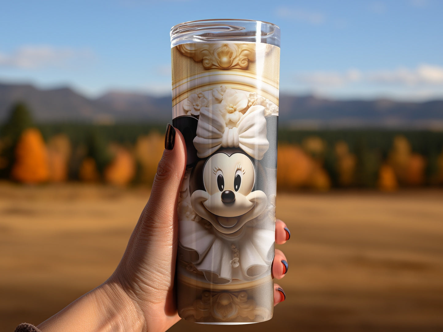 Minnie Mouse Travel Tumbler with Scenic Background