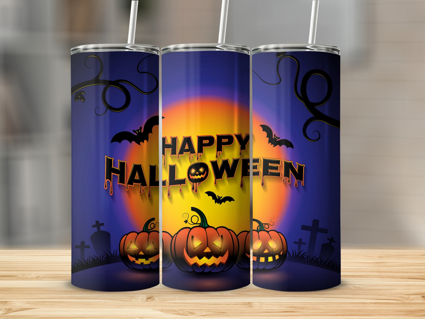 Three tumblers featuring a Halloween design with pumpkins, bats, and "Happy Halloween" text.