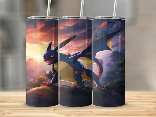 Charizard on cliff at sunset with colorful sky and trees.