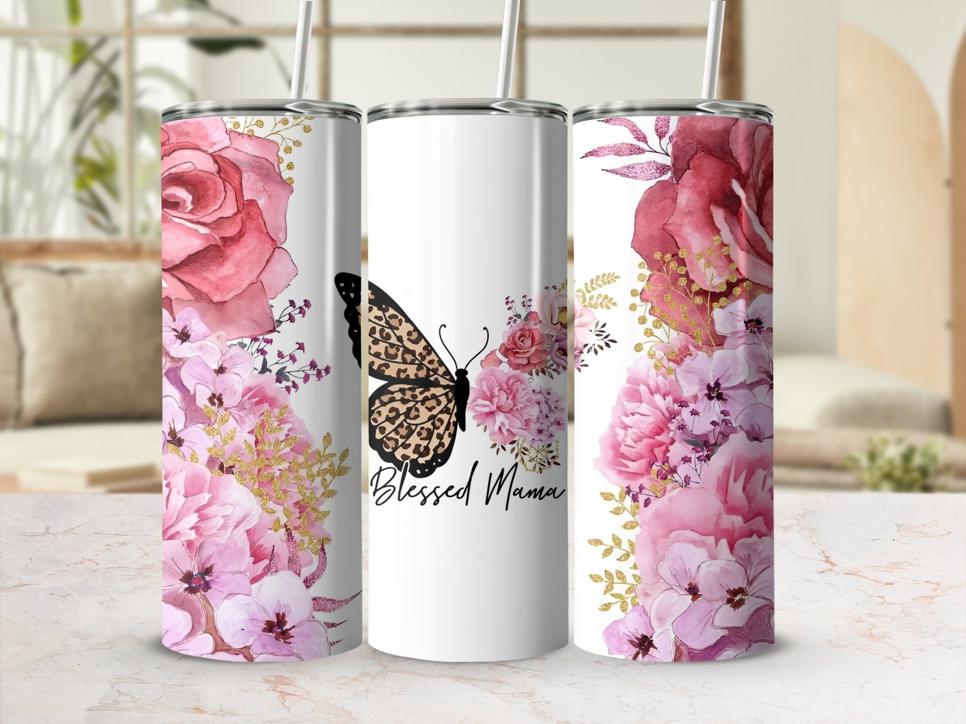 Blessed Mama Floral Butterfly Tumbler Pattern