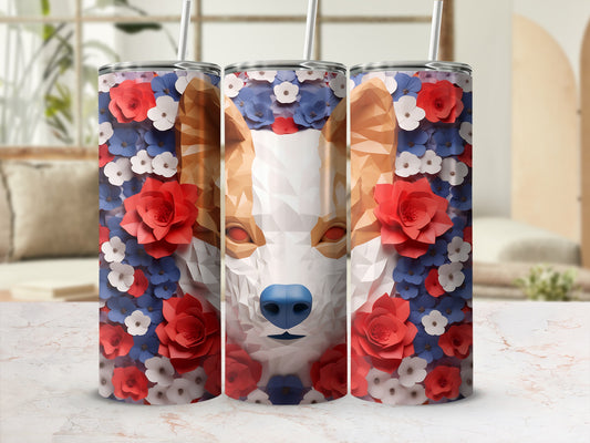 Corso dog face surrounded by red, white, and blue floral pattern on tumbler.