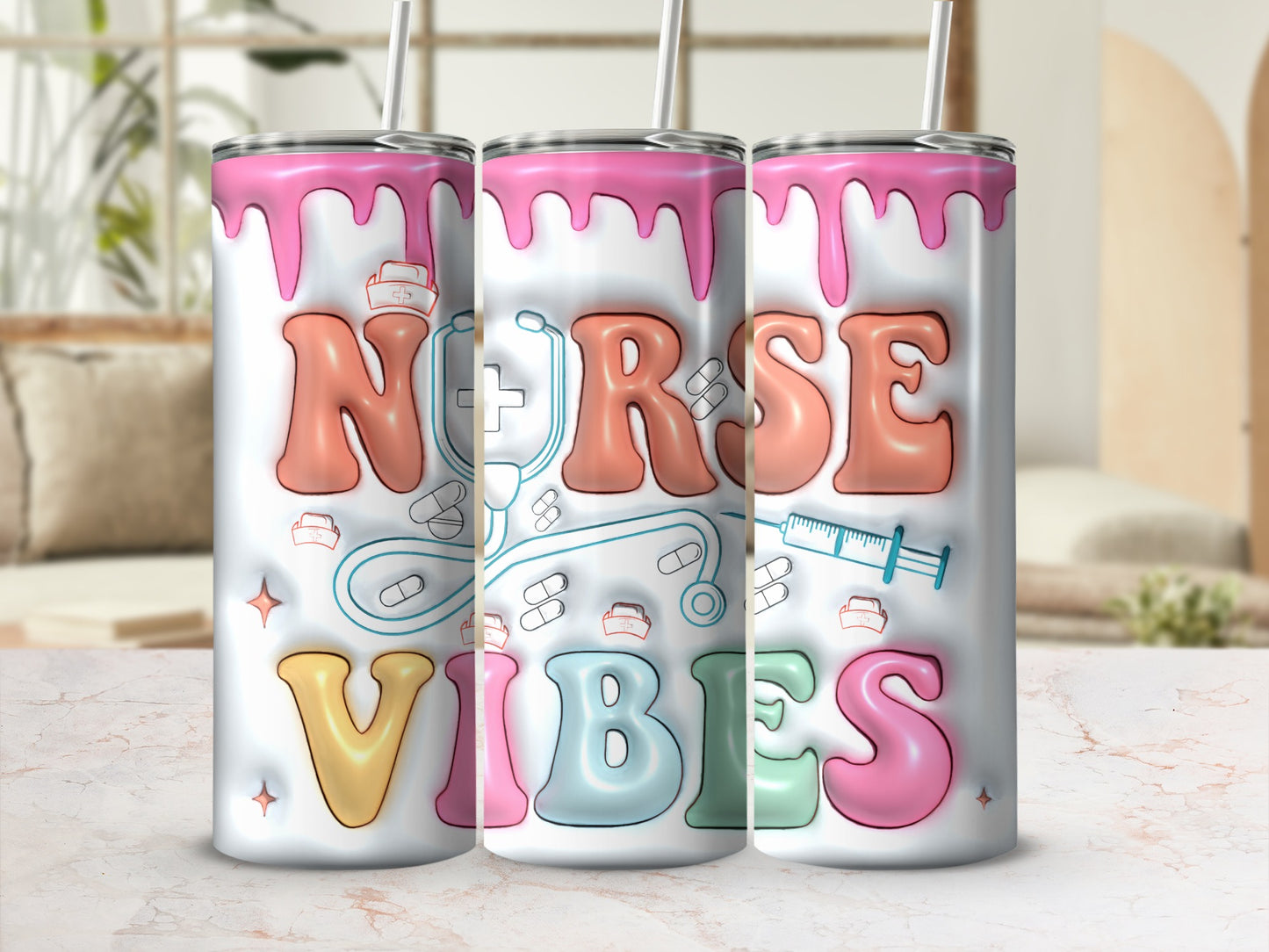 Nurse vibes tumbler with stethoscope, syringe, and medical icons.