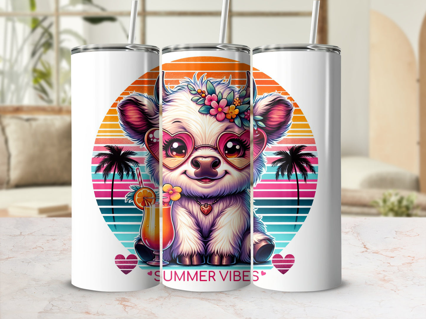 Cute cow wearing heart sunglasses with flowers and palm trees.