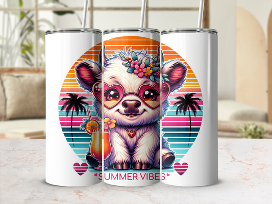 Cute cow wearing heart sunglasses with flowers and palm trees.