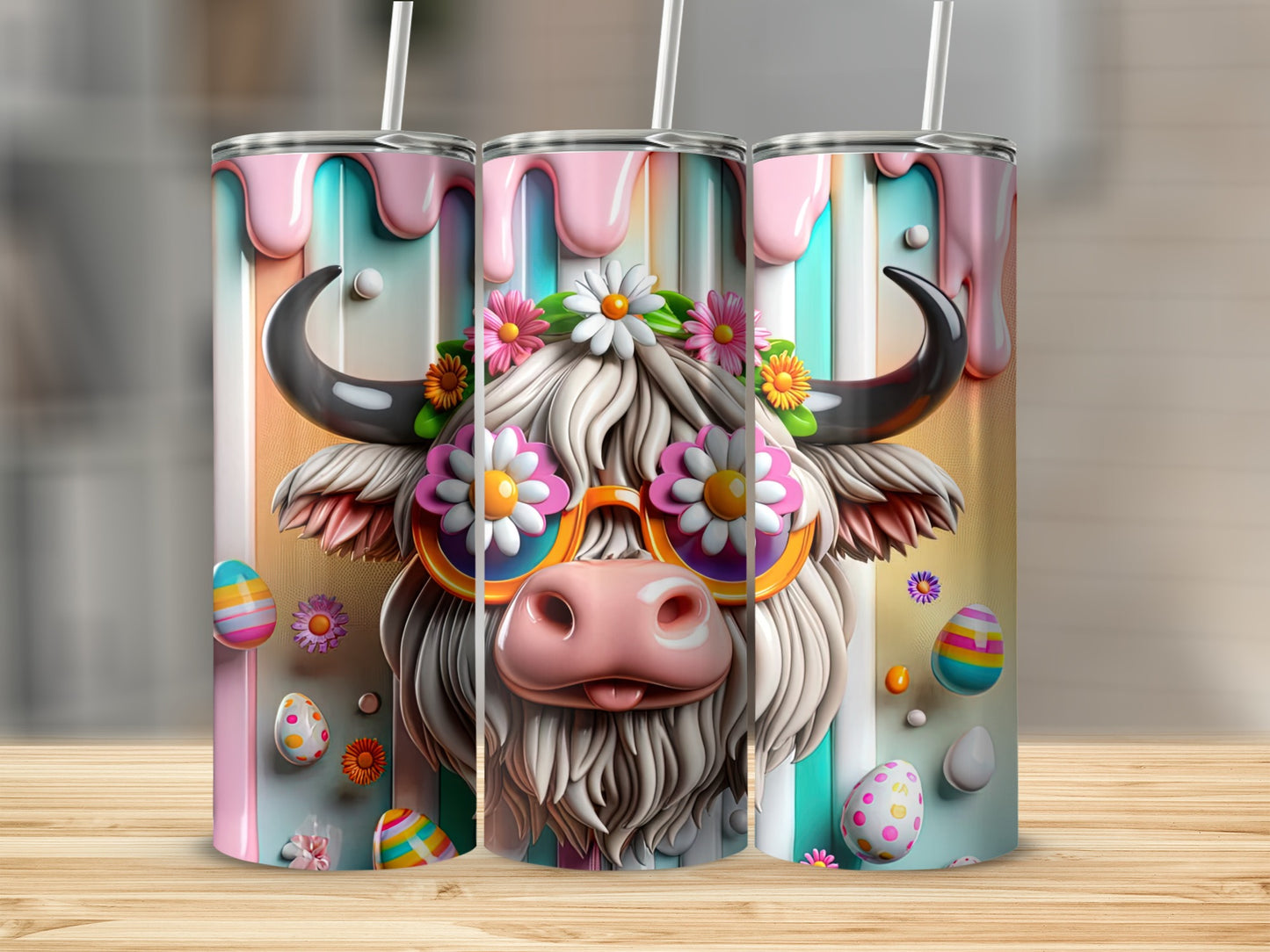 Easter cow wearing sunglasses with colorful eggs and flowers.