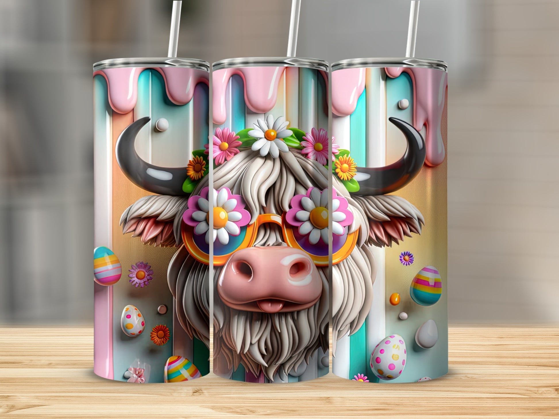 Easter cow wearing sunglasses with colorful eggs and flowers.