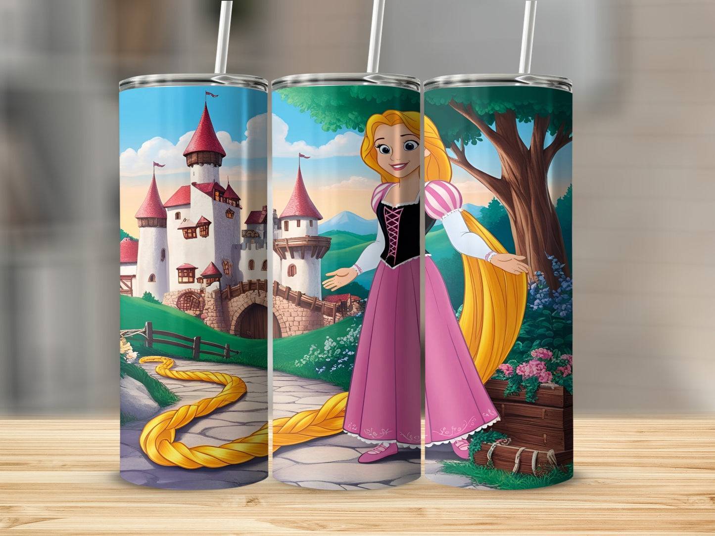 Rapunzel with long blonde hair in a pink dress and castle background.
