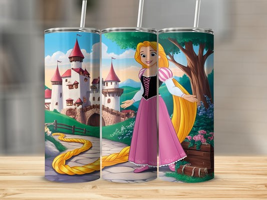 Rapunzel with long blonde hair in a pink dress and castle background.