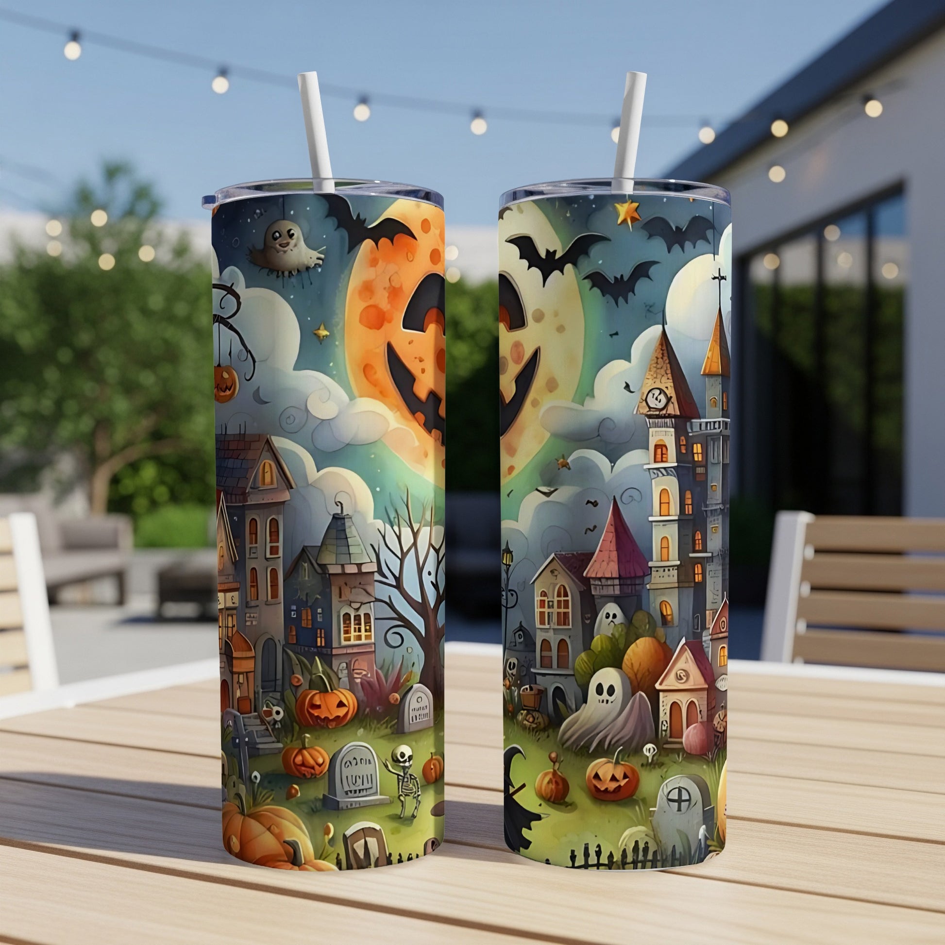 Two tumblers with Halloween village designs featuring pumpkins, ghosts, and bats.
