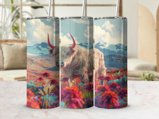 Tall tumbler featuring a Highland cow in a colorful field of flowers.