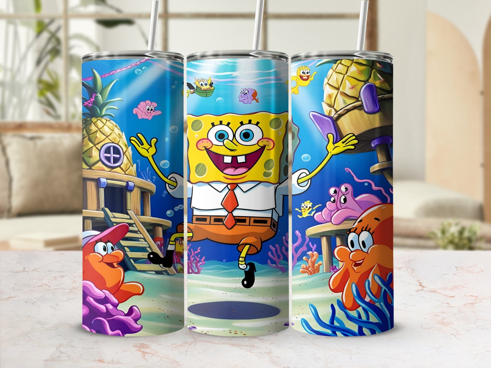 SpongeBob SquarePants characters and pineapple house underwater scene.