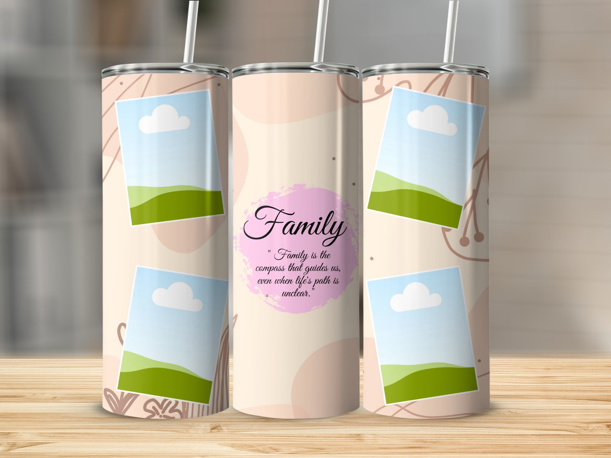 Tumblers with "Family" quote and photo frames against a cream and blush abstract background.