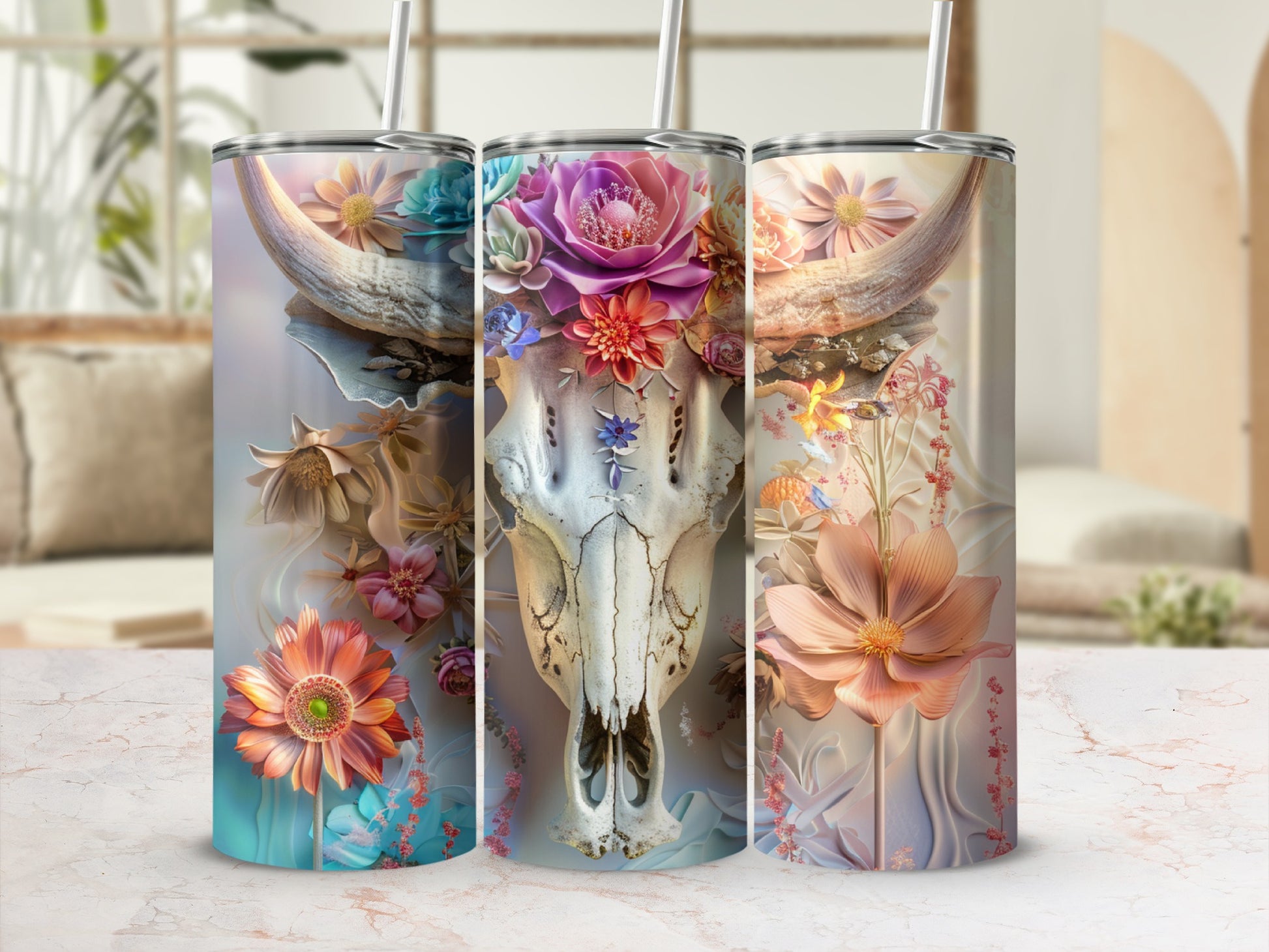 Floral bull skull tumbler with colorful blossoms and ornate details.