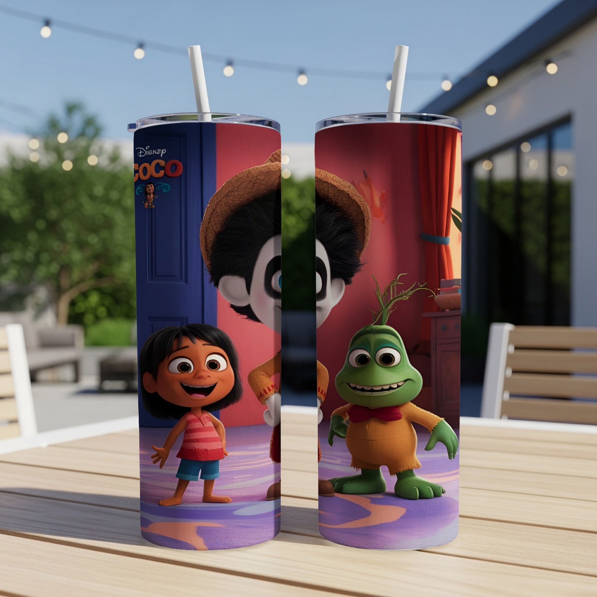 Disney Coco characters Miguel and Hector on a patterned tumbler.