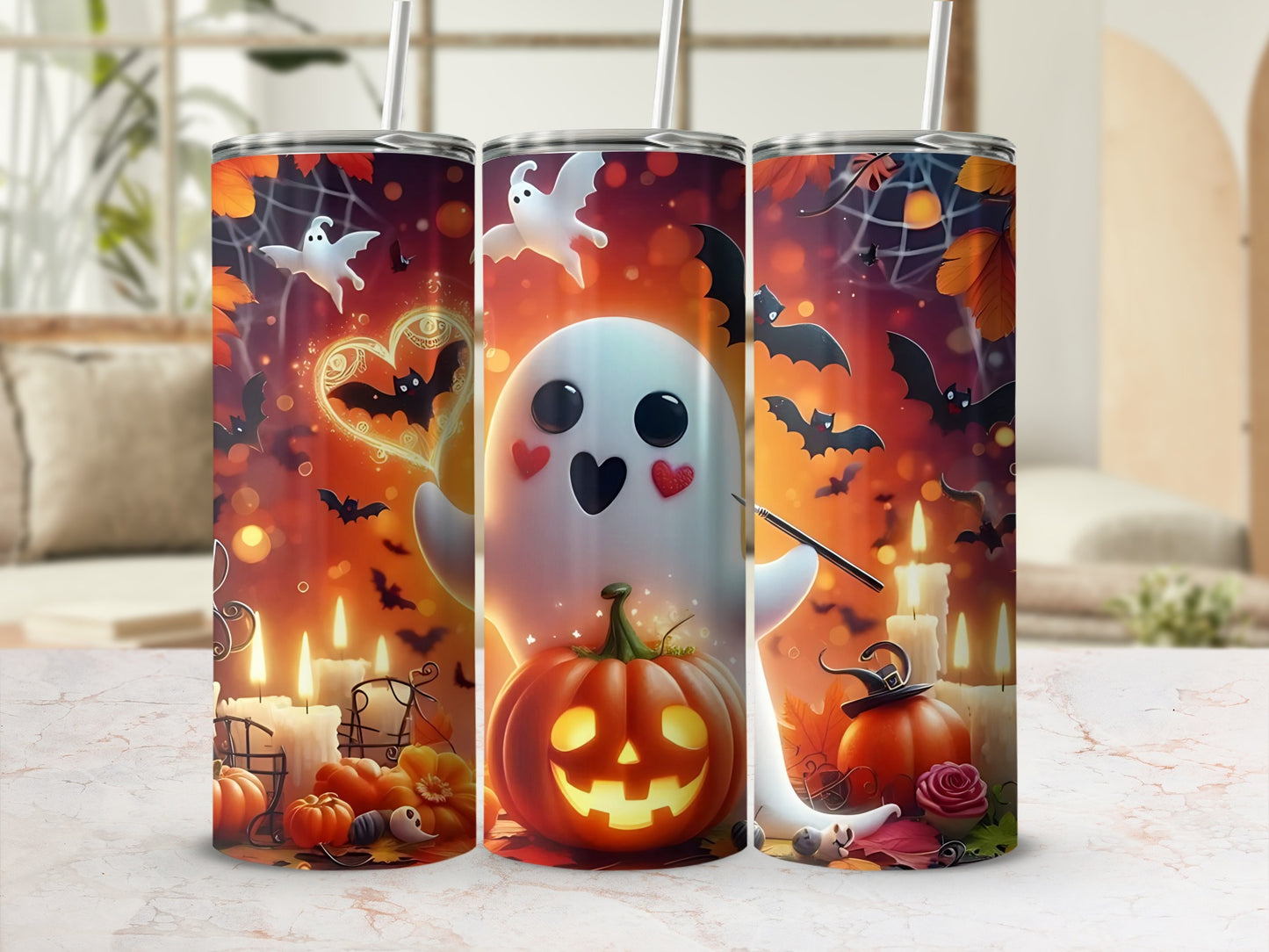 Halloween themed tumblers with ghosts, bats, pumpkins, and candles.