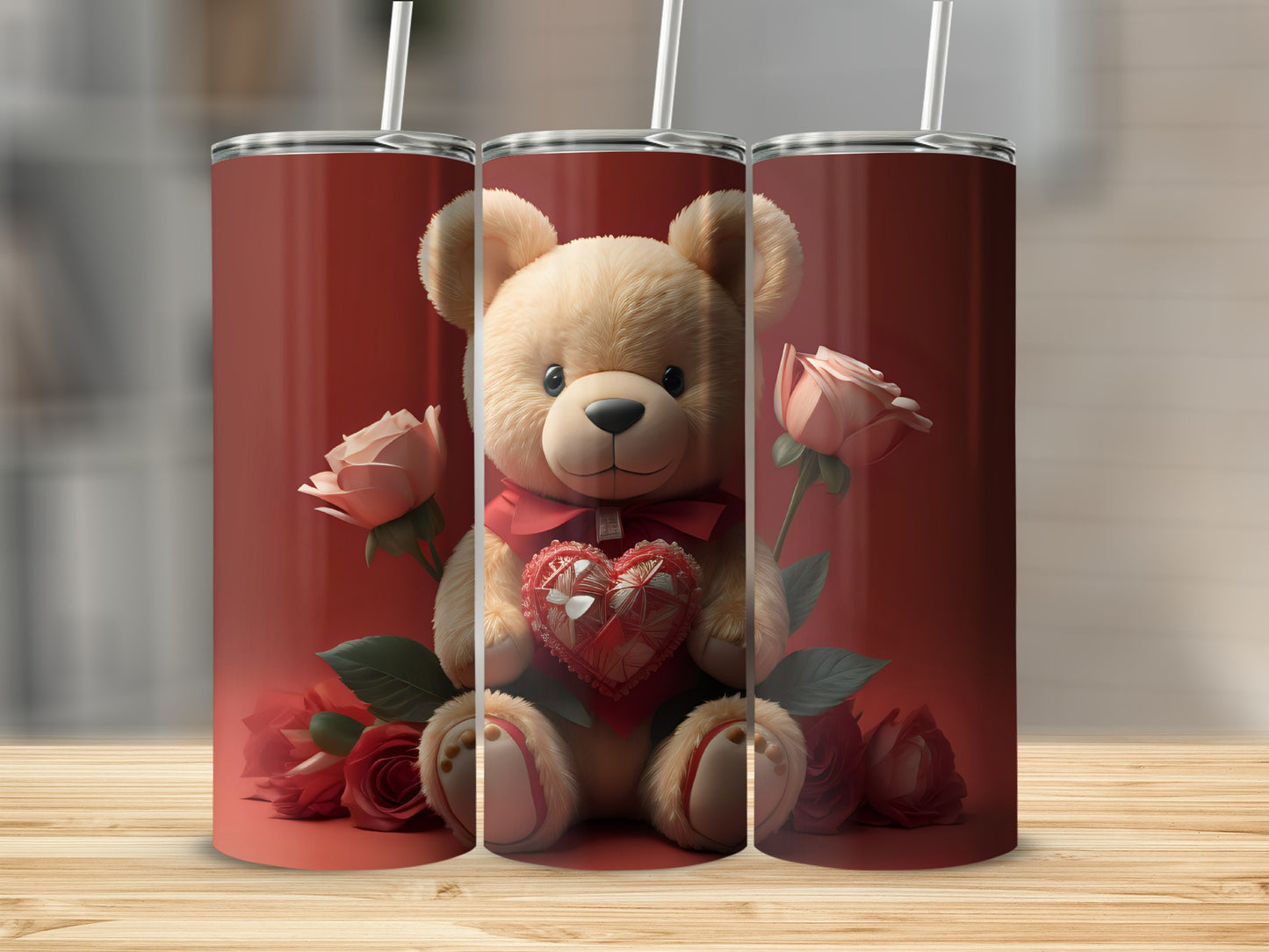 Adorable Teddy Bear with Roses Insulated Tumbler Cup