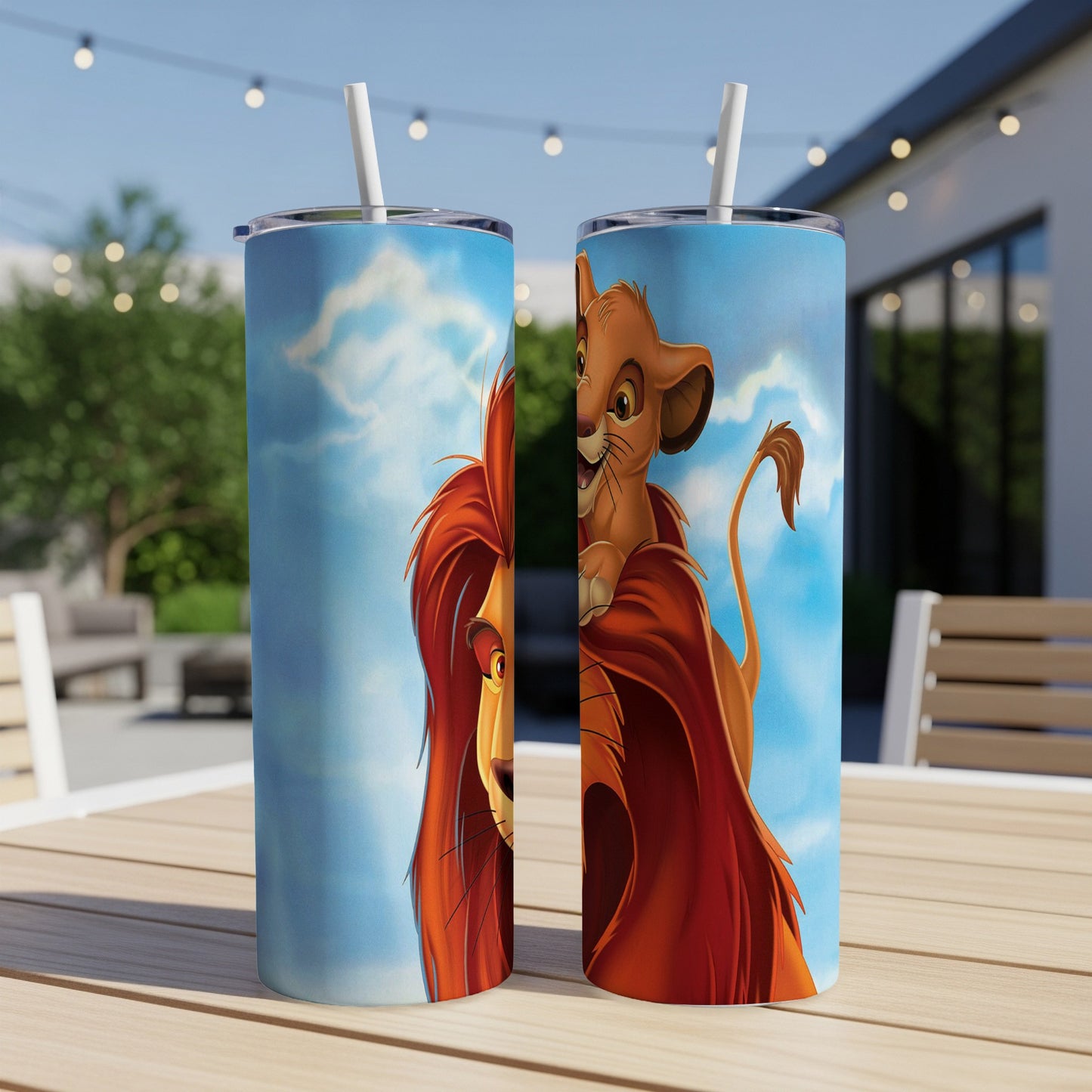 Two tumblers featuring Simba and Mufasa from The Lion King against a blue sky.
