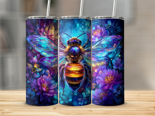 Vibrant Floral Bee Illustration on Artistic Tumbler