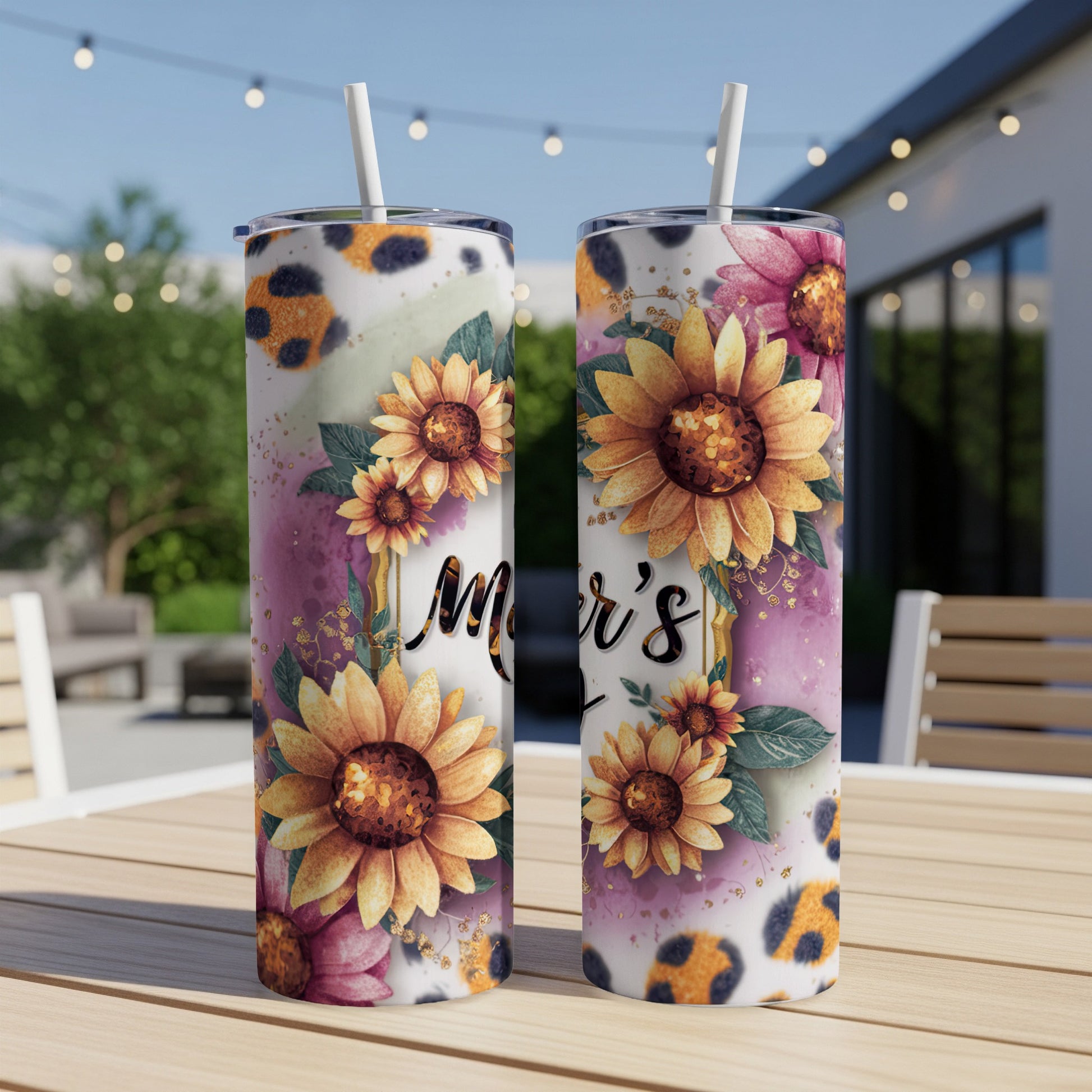 Two tumblers with sunflowers, leopard print, and "Mom" text.