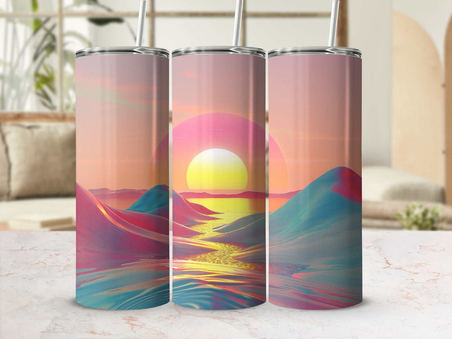 Colorful abstract landscape with sunset and water, printed on three tumblers.