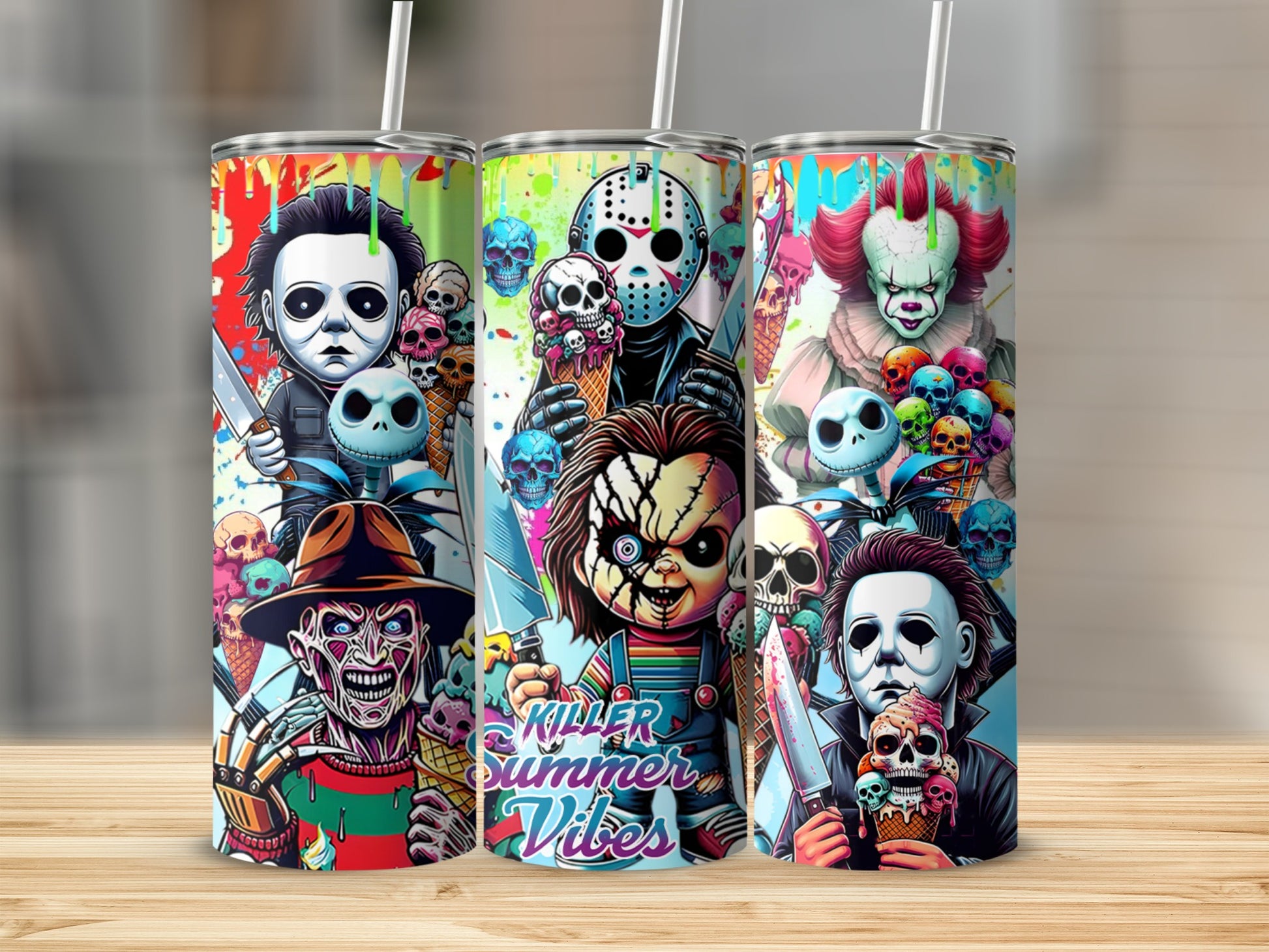 Horror characters on tumblers with "Killer Summer Vibes" text.