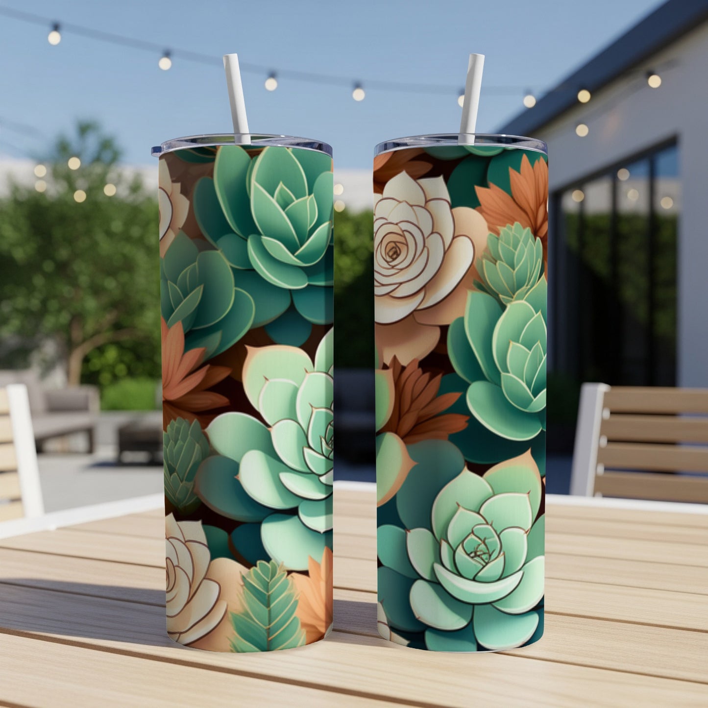 Two tall tumblers with a succulent plant pattern on a wooden table.