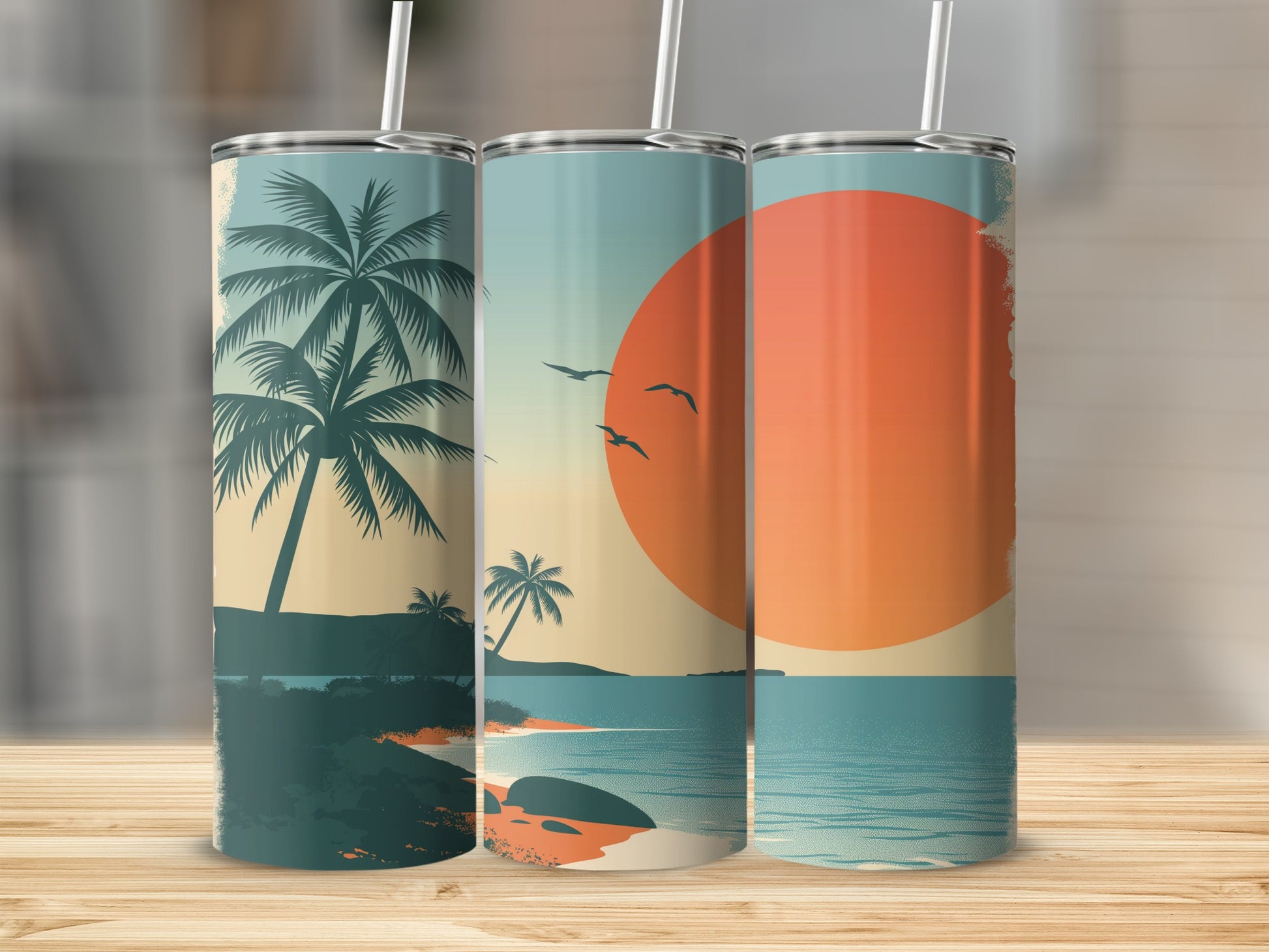 Triptych of tumblers with a tropical sunset beach scene.