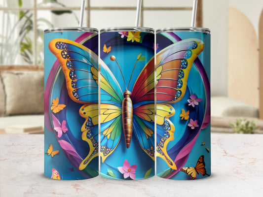 Tall tumbler with colorful butterfly and floral design.