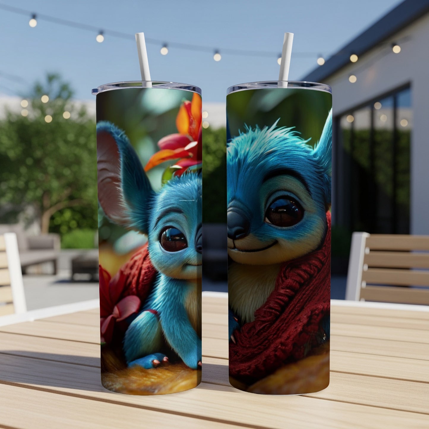 Blue alien character with large ears and a red scarf on a wooden table.